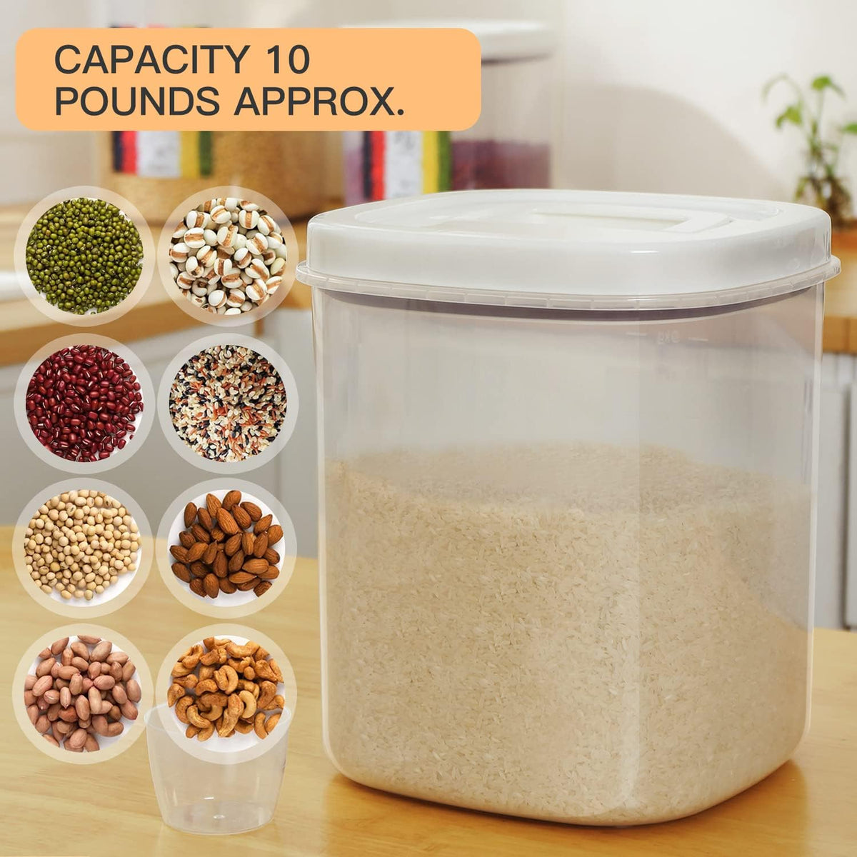 Rice Container 25 lbs,10.5 Qt/10 L/25 lbs Rice Dispenser Food Storage Bin with Measuring Cup & Brush Food Cereal Container Bins Household for Kitchen Pantry Organization(LG-10KG)