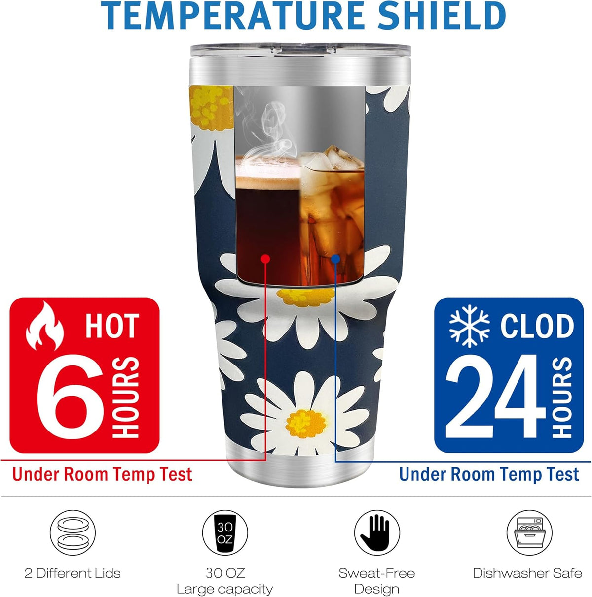 WETOWETO 30 oz Tumbler Stainless Steel Vacuum Insulated Coffee Cup with Handle, Double Wall Vacuum Coffee Tumbler for Hot and Cold drinks, Suitable for Beach, Travel (Daisy Flower, 1 Pack)