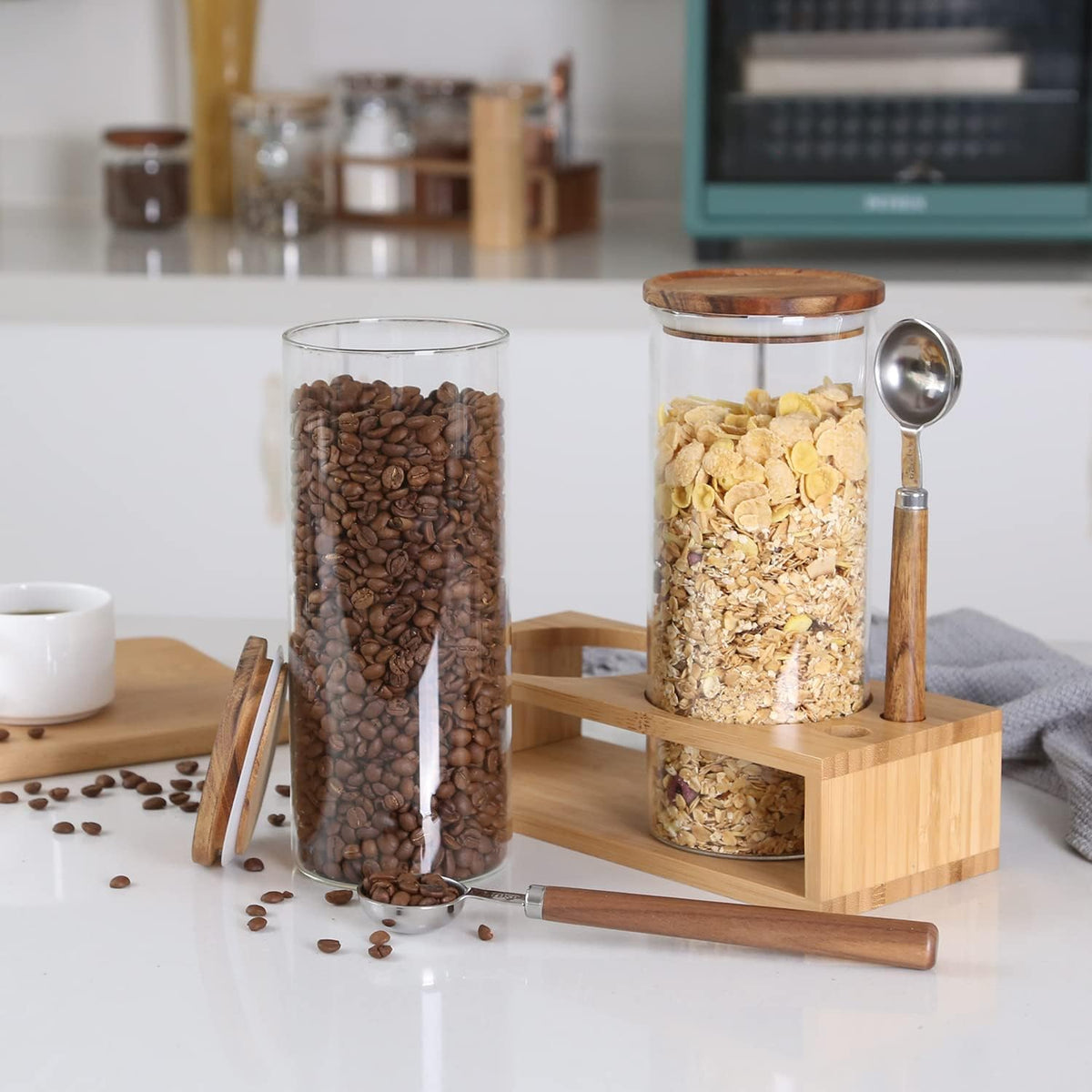 KKC HOME ACCENTS Clear Glass Food Storage Canisters with Airtight Wooden Lids and Scoops,Air Tight Sealed Glass Canisters with Spoons for Ground Coffee and Beans,Loose Tea,Flour,Sugar,47 Fl oz