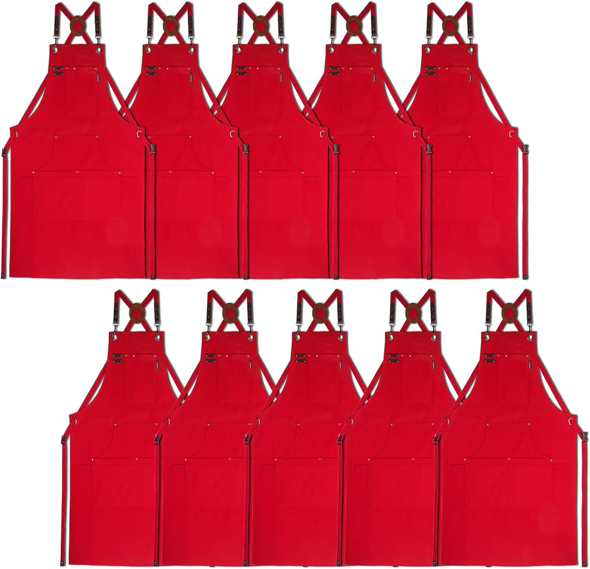 10 Pack Kitchen Aprons, Work Apron, Canvas, Multiple Pockets, Gardening, Painting, BBQ, Artist, Carpenter, Sizes M to XXL, Red