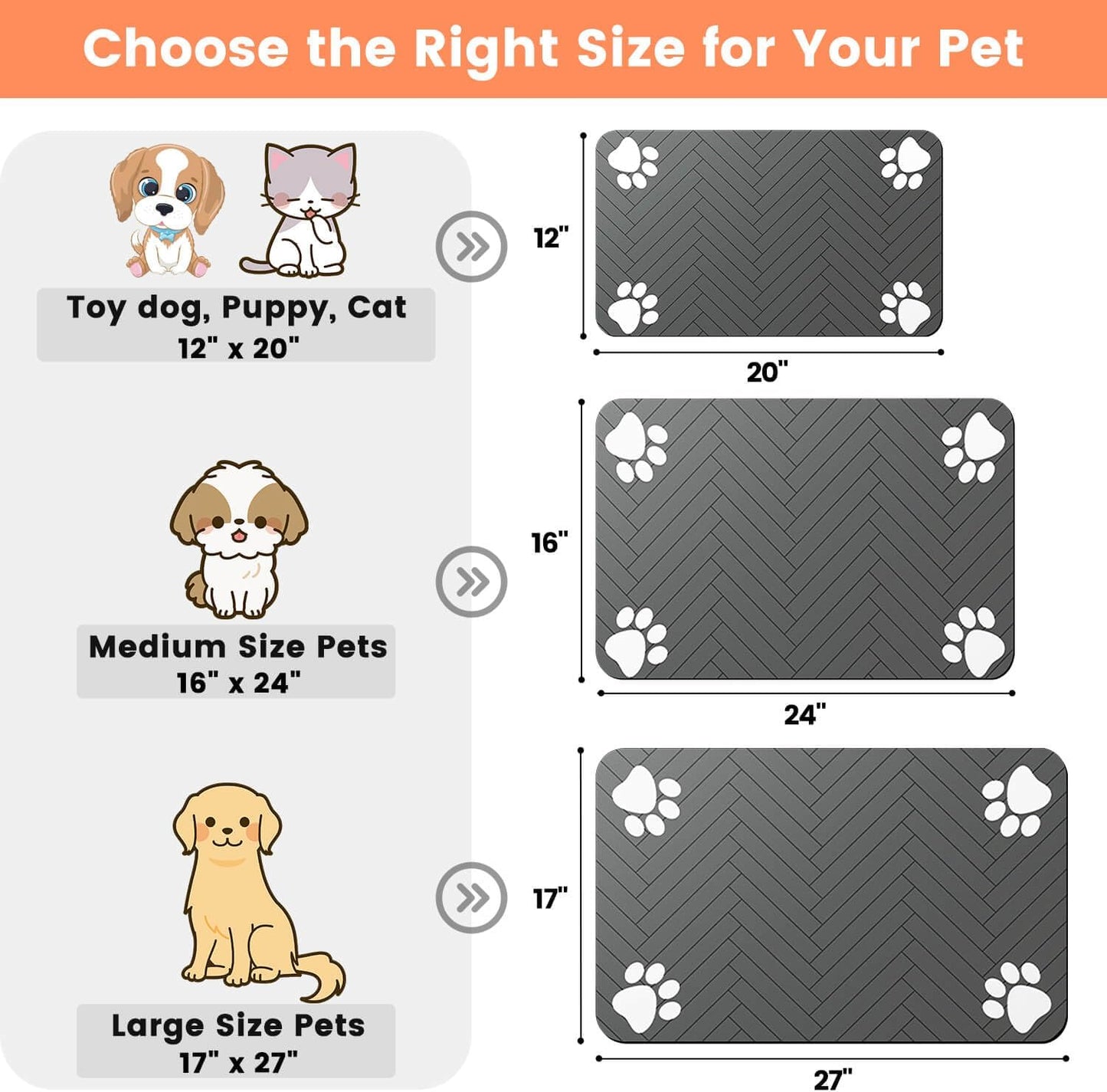 Pet Feeding Mat-Absorbent Pet Placemat for Food and Water Bowl, with Waterproof Rubber Backing, Quick Dry Water Dispenser Mat for Dog and Cat (17"x27", Striped Dark Gray)