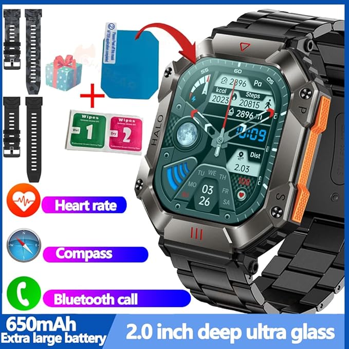 2024 New Military Smartwatch Men, Bluetooth Call 2.0" Large Screen Outdoor Activity Tracker Heart Rate Monitor Sport Fitness Watches Men Smart Watch for Android/iOS