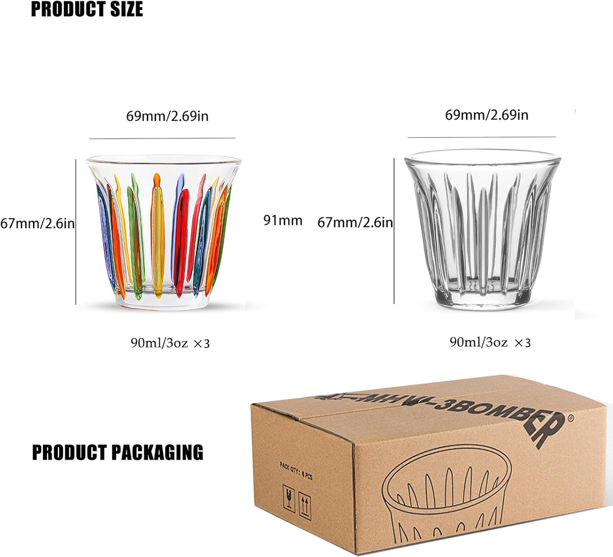 MHW-3BOMBER Small Glass Cups Set of 6 Drinking Glasses 3OZ Latte Glasses for Espresso, Beverage, Water, Whiskey, Juice, Cocktail, Beer G6192-OS
