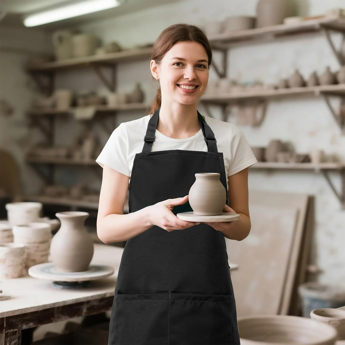 Kitchen Bib Apron for Women Men with Pockets Chef Art Aprons for Cooking Painting Pottery Ceramics