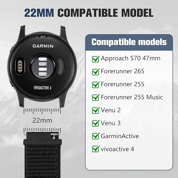18mm 20mm 22mm Hook and Loop Watch Band Compatible with Garmin Vivoactive 5/ Vivoactive 6/ Vivoactive 3, Soft Nylon Breathable Sport Strap for Venu 2S/ Venu3S/ Forerunner 265s,Venu 3/ Venu 2 Men Women
