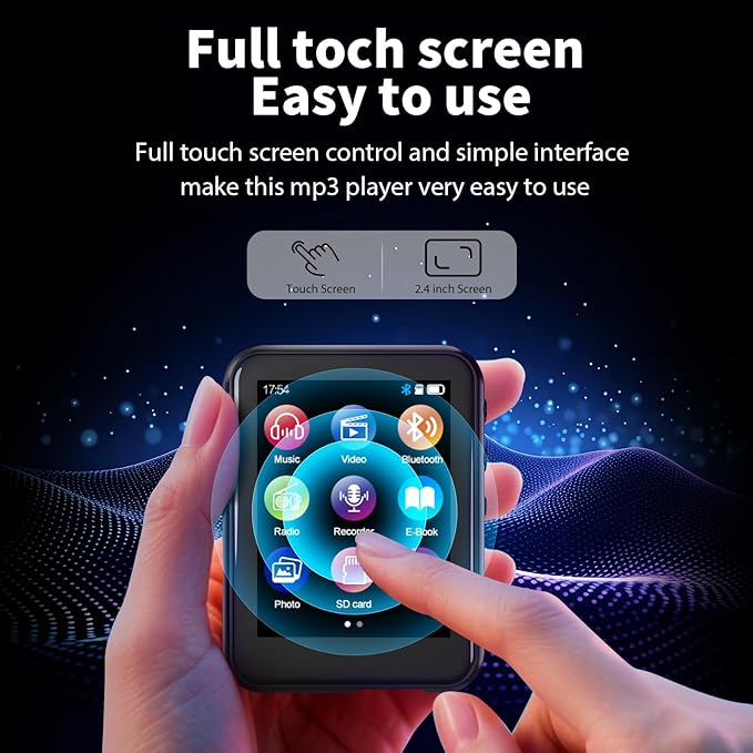 16GB MP3 Player with Bluetooth 5.3, QNGEE 2.4 inch Full Touchscreen Music MP3 for Kids, FM Radio, Voice Recorder, HiFi Sound, E-Book, Earphones Included