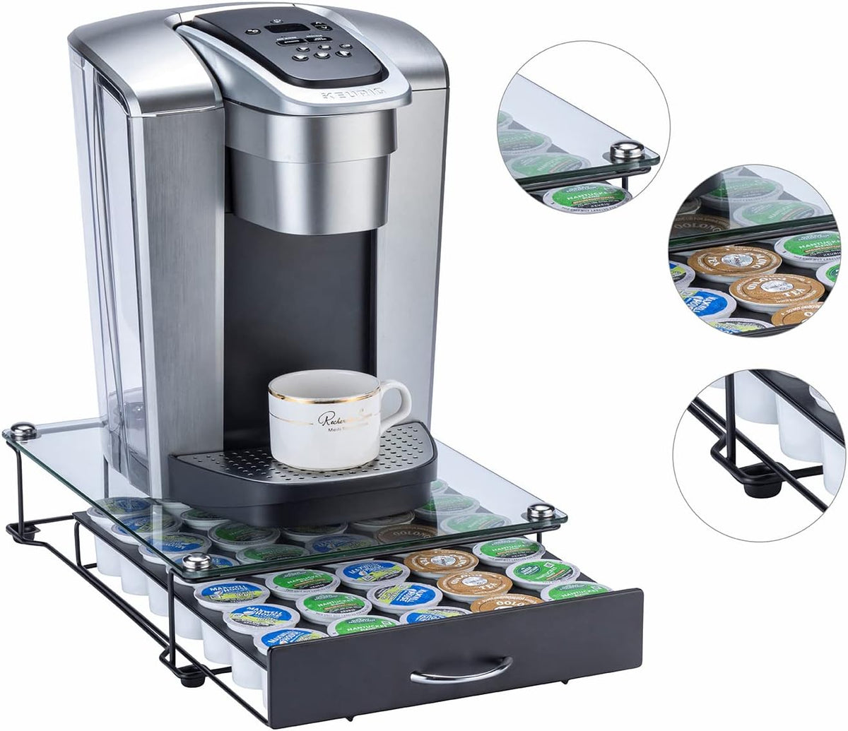 ZCDCP K Cup Holder Drawer, Coffee Pod Holder for K Cup Orgainzer with Termpered Glass Top, Keurig Coffee Pods Holder Capsule with 35 Pods, Black