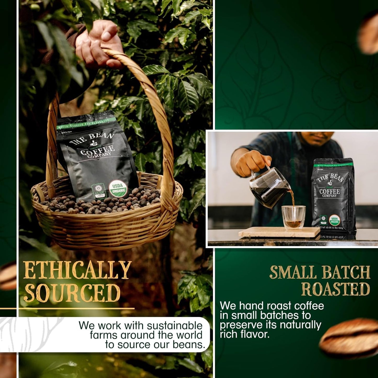 The Bean Organic Coffee Company California Blend, Medium Roast, Ground Coffee, 16-Ounce Bag,Café molido tostado organico