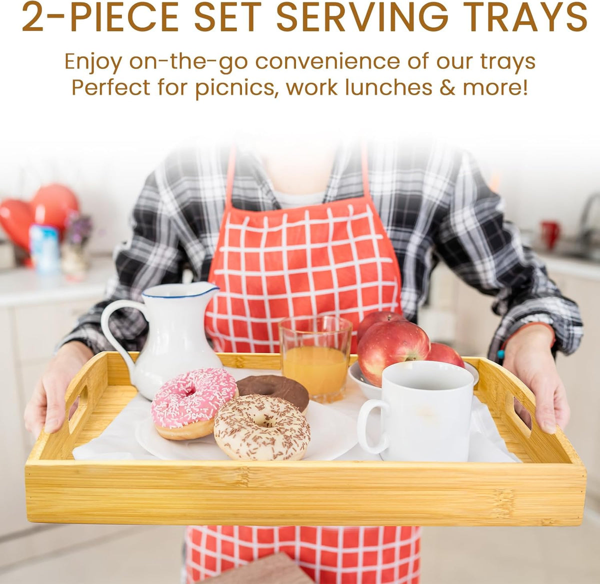 GOLD HONEY Bamboo Serving Tray with Handles Set of 2 - Decorative Wooden Tray for Living Room, Bathroom, Suitable for Used in Bedroom, Kitchen, Coffee Table, Outdoor and Storing - 17x13in, 16x12in