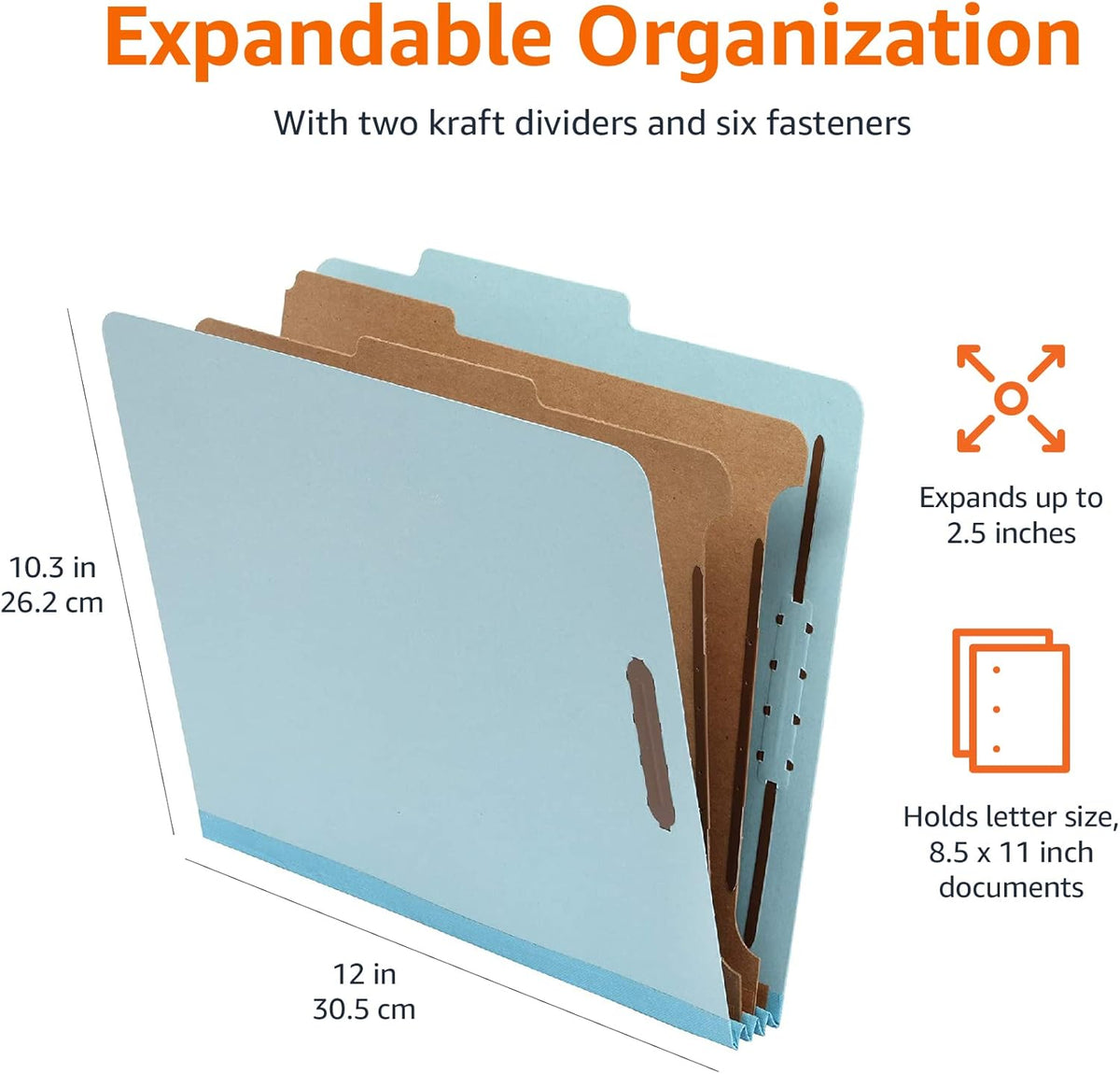 Amazon Basics Classification Folder with Prongs, 100% Recycled, 2 Dividers, 2" Embedded, 12.17 x 10.39 inch (Letter) Size, Light Blue, 10 Count per Box