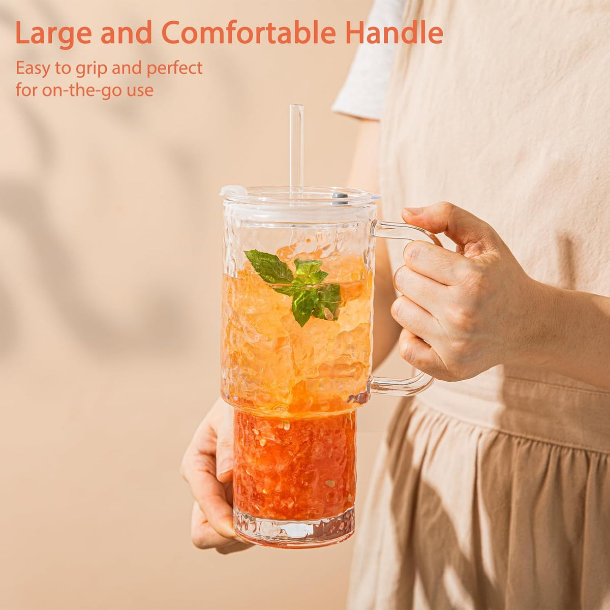 26oz Water Ripple Glass Tumbler with Handle & Lid, Reusable Iced Coffee Cups with Straws – Set of 2, Glass Cups for Smoothies, Juice, Coffee, Tea – Travel Mugs for Daily Use and To-Go