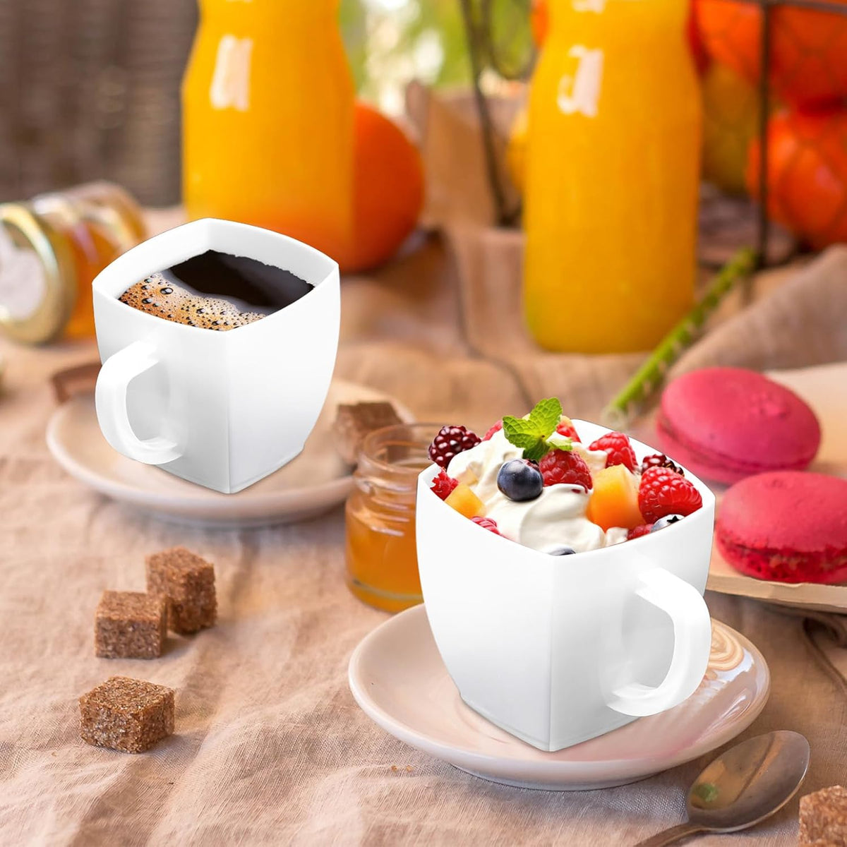 Amyhill 50 Pcs Disposable Tea Cups Mini Plastic Tea Cup Bulk with Handle Hard Plastic Coffee Mug Disposable Square Espresso Mug for Party Catering (White)