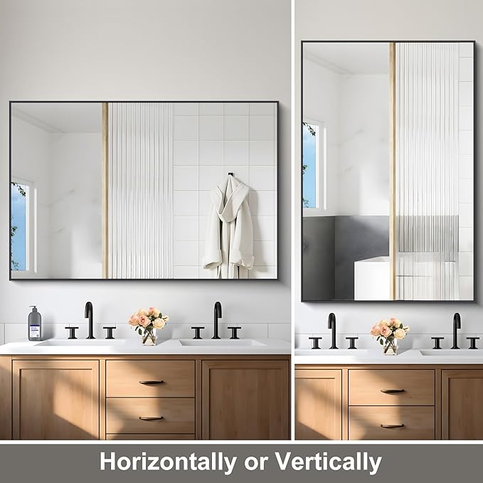Black Bathroom Mirror for Wall, 60x40 Inch Rectangle Mirrors with Metal Frame, Modern Vanity Wall Mirror Decor for Entryway Hangs, Bathroom Living Room Horizontal or Vertical