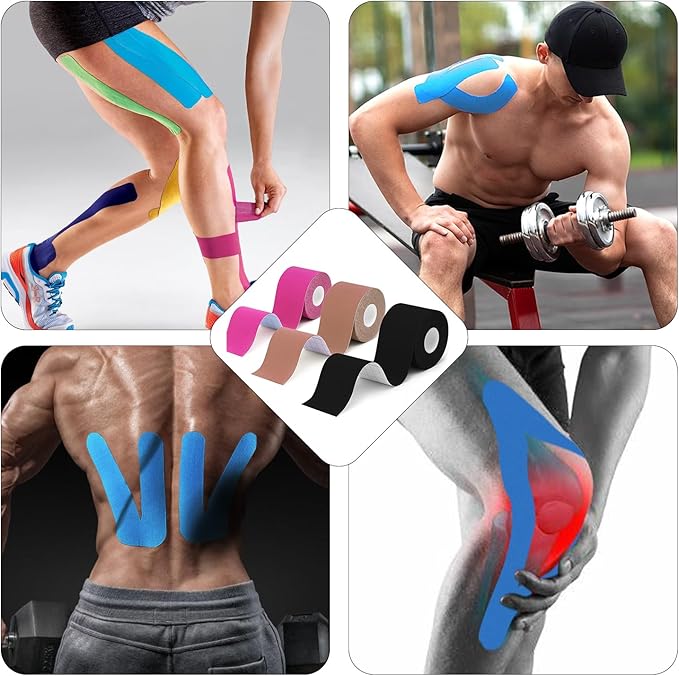 (3 Pack) Kinesiology Tape for Physical Therapy Sports Athletes–Latex Free Elastic Kinetic Tape 16ft Water Resistant Kinetic Uncut Sport Tape for Knee Pain, Shoulder Muscle & Elbow(Black+Blue+Beige)
