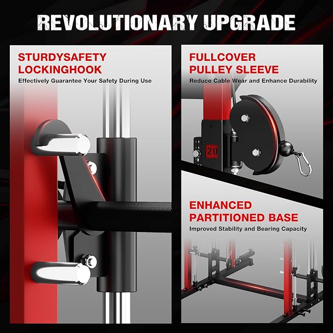 M21 Smith Machine, Multi-Function Power Cage with Dual Pulley Cable Crossover System, 2000LBS All-in-One Squat Rack with Smith Bar and Attachments