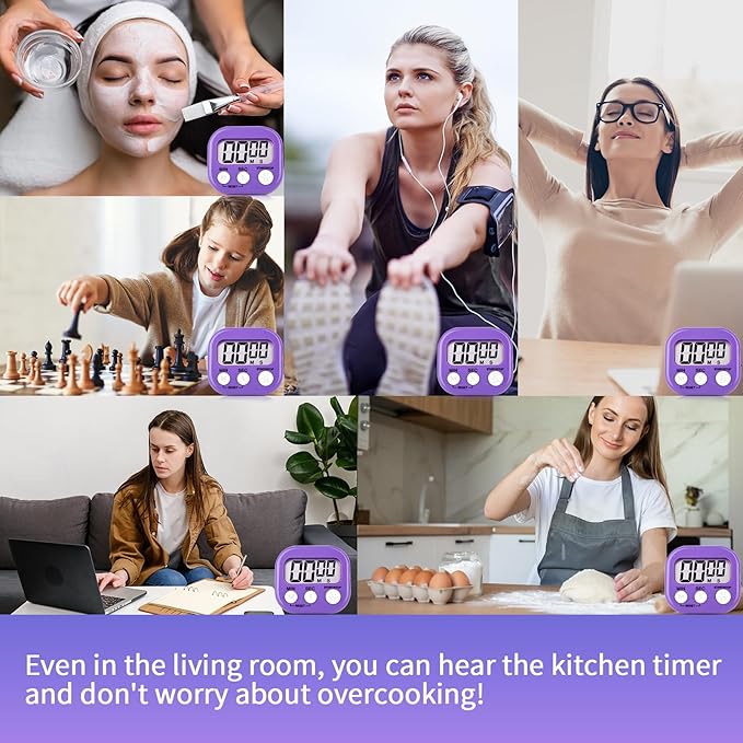 4 Pack Purple Digital Kitchen Timer Magnetic Digital Timer with Big Display Loud Ring Cooking Timers for Cooking, Game, Gym, Break Time, Classroom (4, Pruple)