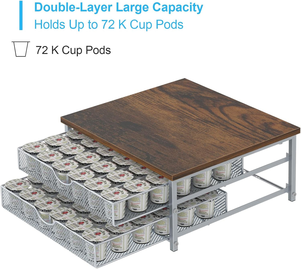 Coffee Pod Holder For Counter, Coffee Pod Drawer for Keurig Pod Storage Drawer Holder, 72 Capacity Pods Storage Organizer for Coffee Pod Storage with Sliding Baskets for Coffee Station, Silver