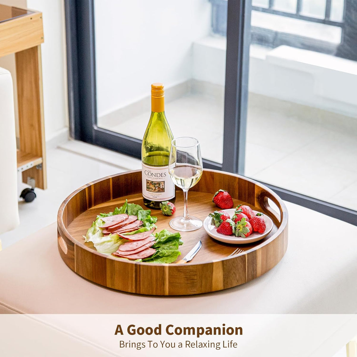 Extra Large 20" Acacia Wood Tray with Handles - Wooden Serving Tray for Ottoman, Coffee Table, Charcuterie, Bed & Breakfast - Rustic Modern Style
