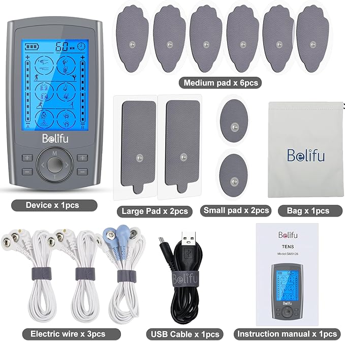 Belifu Dual Channel TENS EMS Unit 24 Modes Muscle Stimulator for Pain Relief Therapy, Electronic Pulse Massager Muscle Massager with 10 Pads, Dust-Proof Drawstring Storage Bag, Fastening Cable Ties