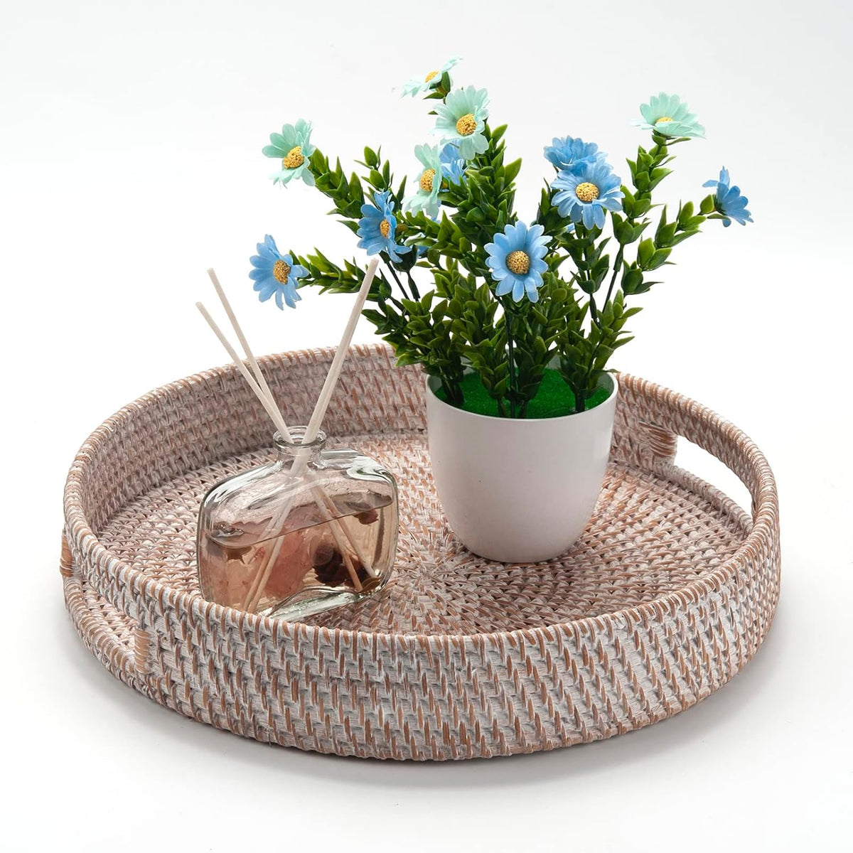 Coffee Table Tray Round Rattan Ottoman Tray Woven Serving Trays with Handles for Home and Kitchen Decorative Whitewash (Large 16.9 inch)