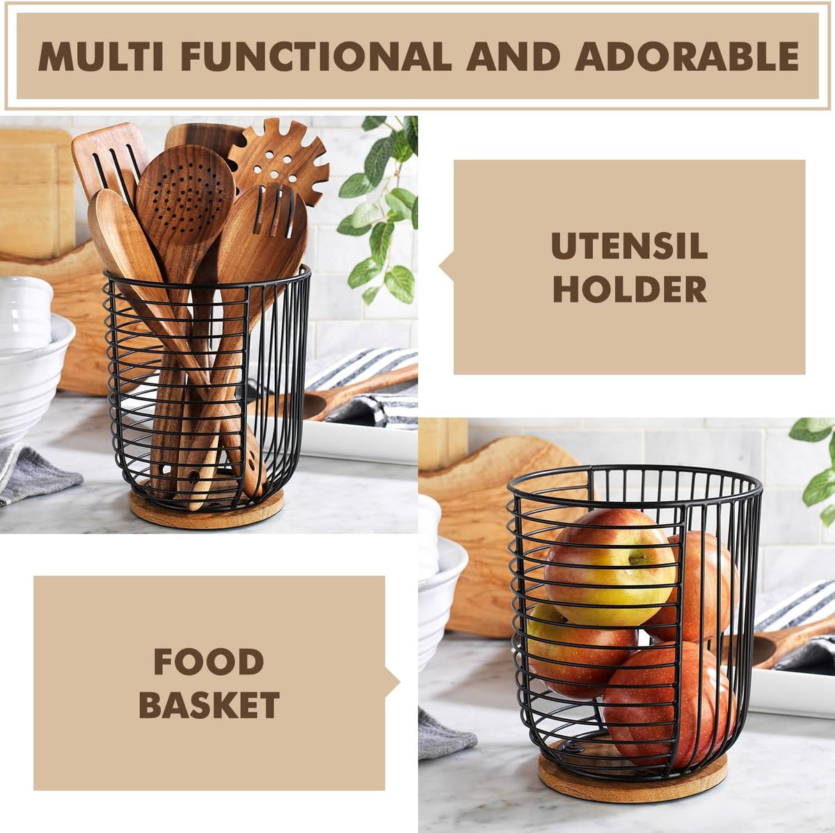 Coffee Pod Holder -Black Wire K Cup Storage with Wooden Base - Large Capacity Slim Design - Modern Coffee Basket Decor for Kitchen Countertop for Keurig Kcups & Espresso Capsules