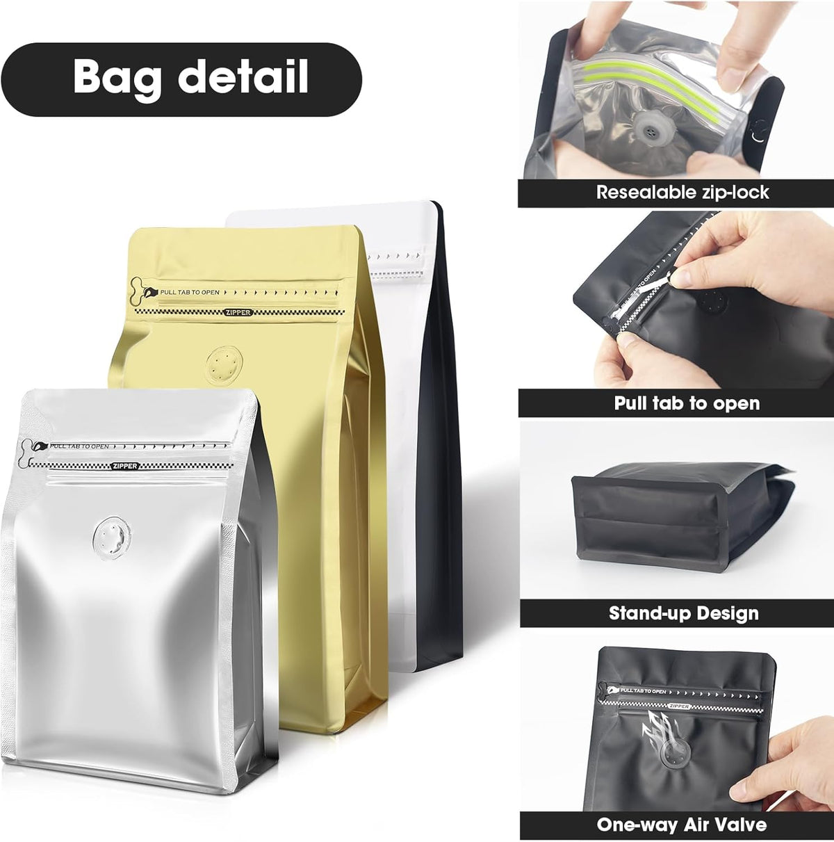 Coffee Bags with Valve(60pcs,16 oz,1 lb) Vented Coffee Beans Packaging Bags High Barrier Aluminumed Foil Flat Bottom Heat Sealed Side Zipper Resealable Storage Bag for Home or Business (White+Blue)