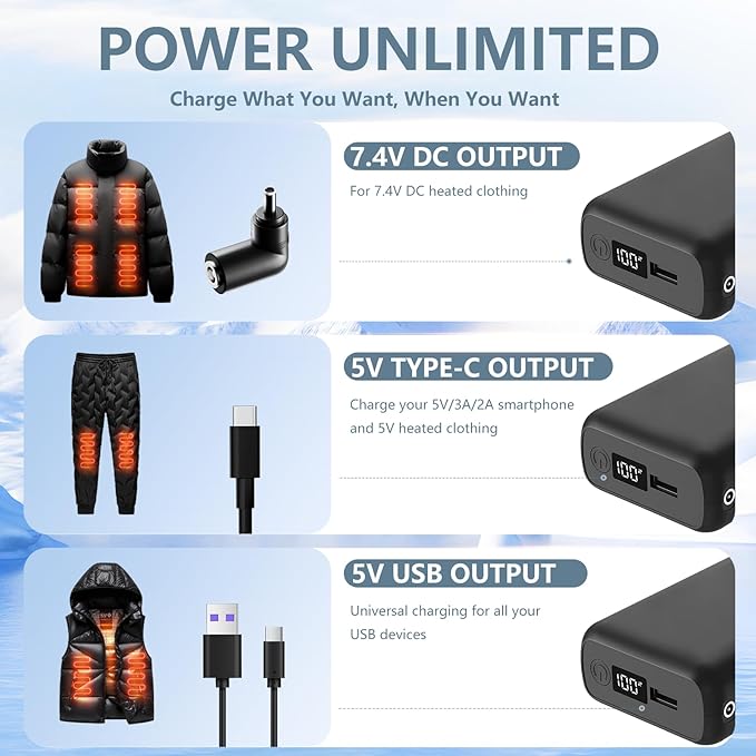 18400mah and 10000amh Battery Pack Heated Vest for ORORO and Venustas, 7.4V/5V Power Bank for Heated Vest with DC/USB/Type-C Output and LED Display for Heating Clothing and Phones