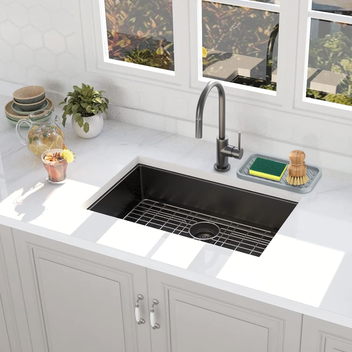 EG-SIPRO Kitchen Sink Organizer Tray,Sponge Holder for Kitchen Sink Bathroom Counter Tray Sponge Caddy Silicone Soap Holder for Soap Dispenser, Bottle, Dishwashing Accessories(2-Pack)