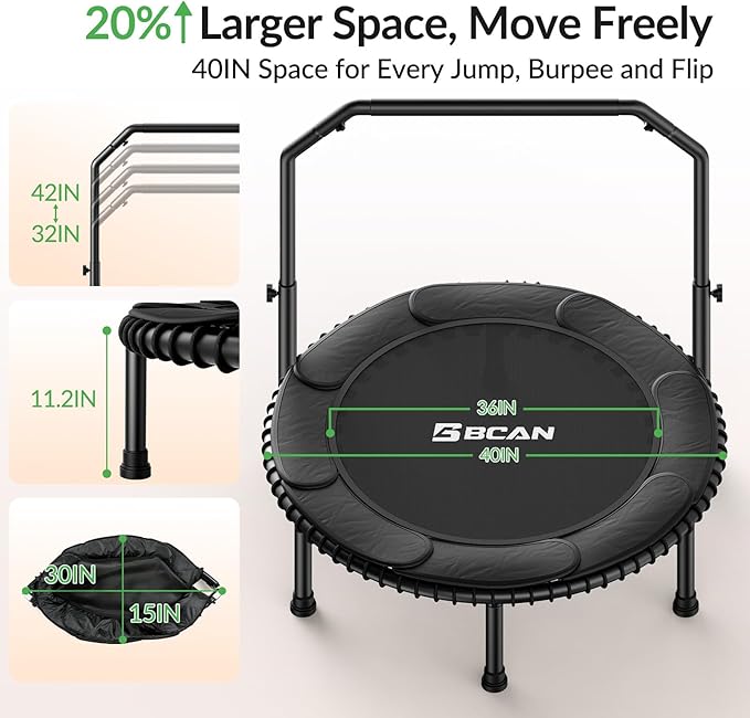 BCAN 40"/48" Rebounder Trampoline for Adult, 450/550LBS Fitness Trampoline with Bungees, Adjustable Handle, Stable & Quiet, Indoor Outdoor, Whole-Body Workout & Relaxation at Home for Women/Men