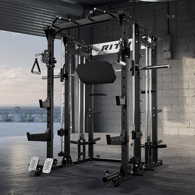 RitFit Buffalo Smith Machine, Power cage with LAT-Pull Down System & Cable Crossover System, All-in-One Squat Rack for Home Gym, Power Rack