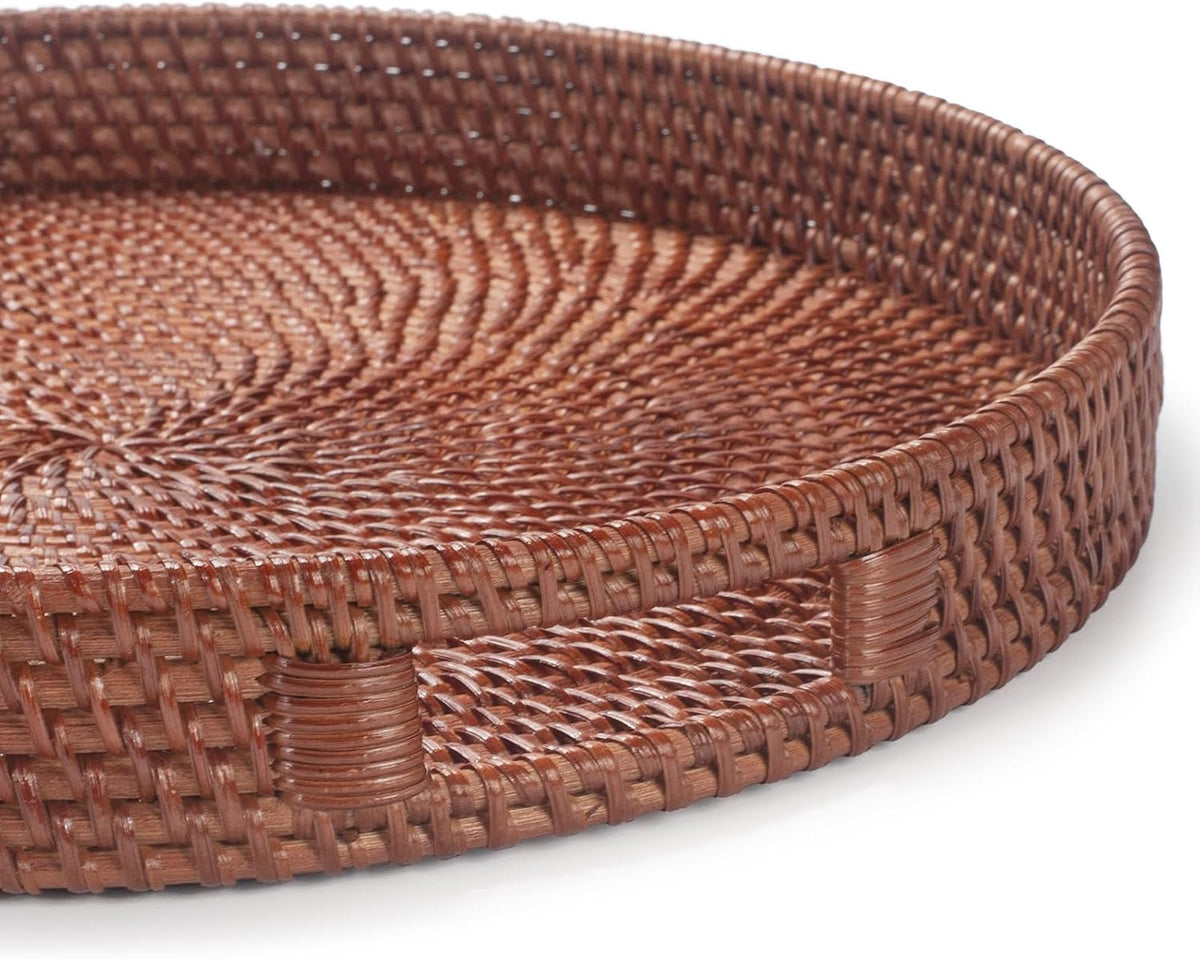 13.8 inch Round Rattan Tray, Decorative Coffee Table Tray, Ottoman Trays, Woven Serving Trays with Handles Wicker Serving Basket, Reddish-Brown