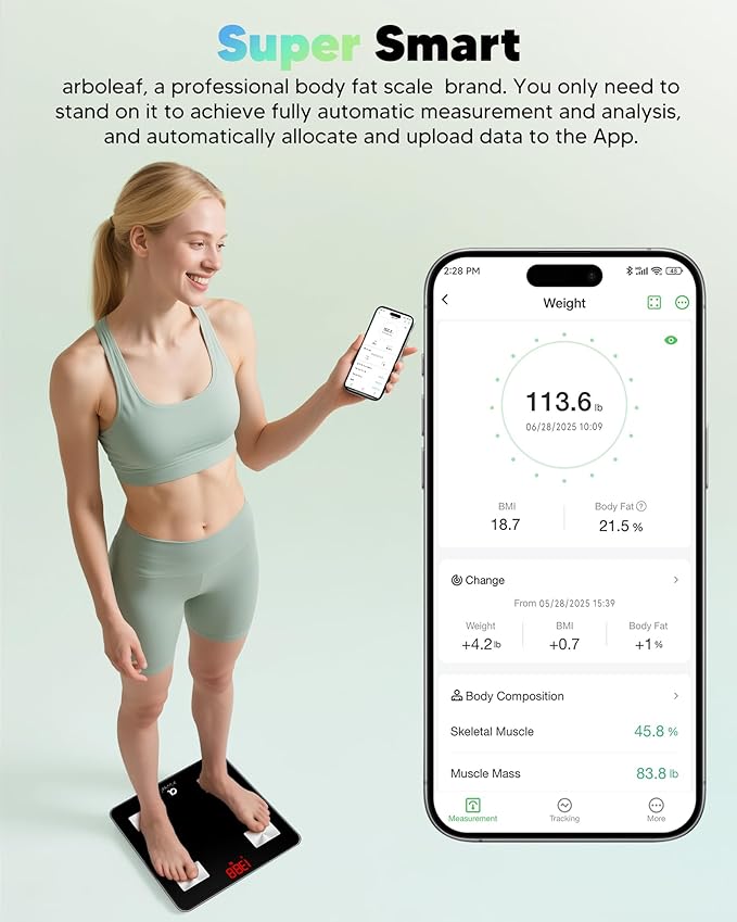 arboleaf Smart Scale for Body Weight and Fat, Bluetooth Digital Bathroom Scale, Body Composition Analyzer with App, 14 Metrics Include BMI, 400lb Capacity(Black)