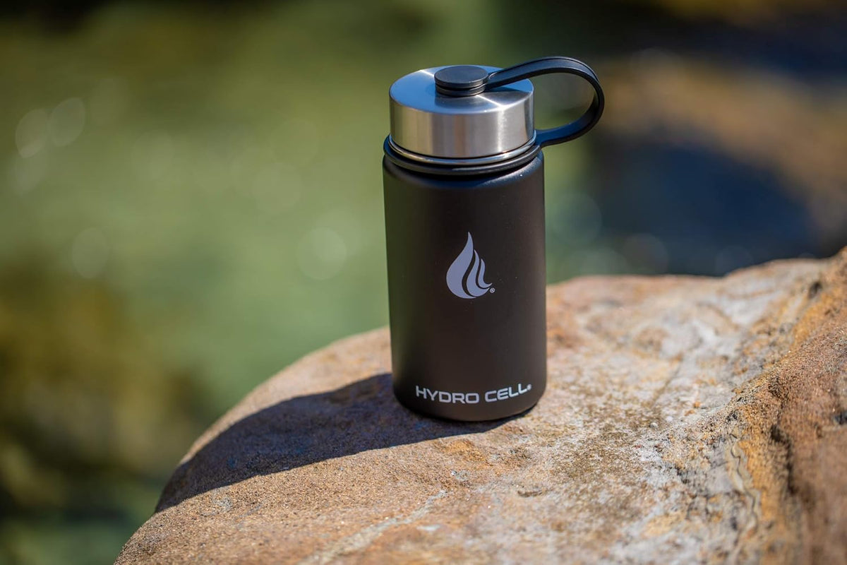 HYDRO CELL Stainless Steel Insulated Water Bottle with Straw - For Cold & Hot Drinks - Metal Vacuum Flask with Screw Cap and Modern Leakproof Sport Thermos for Adults (Black 14oz)