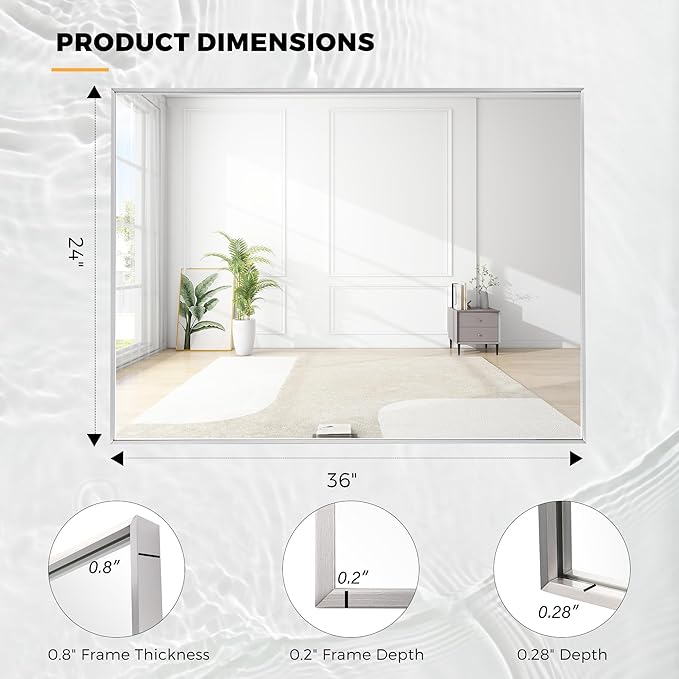 24x36 Inch Nickel Bathroom Mirror for Wall, Aluminum Frame Rectangle Rectangular Vanity Mirror, Modern Large for Bedroom, Living Room, Horizontal or Vertical