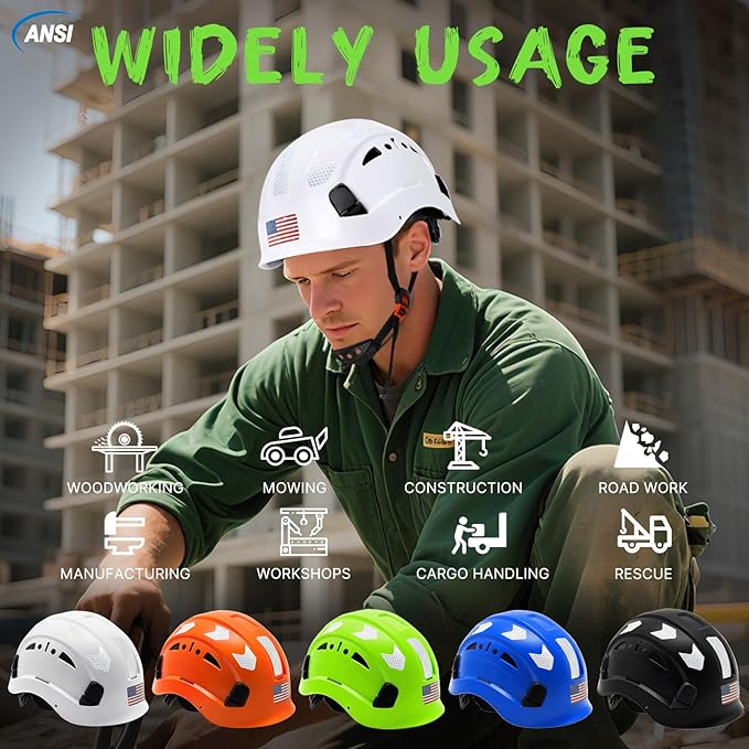 AOLAMEGS Construction Safety Hard Hat - ANSI Z89.1 Type Ι OSHA Approved Safety Helmets with Chin Straps Lightweight Reflective Vented ABS Hard Hats For Men Women Industrial Workwear 6-point Suspension