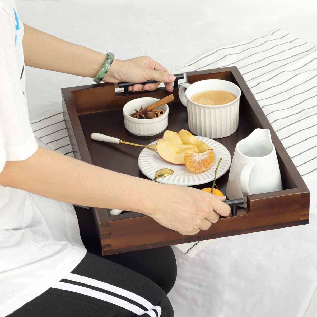 Ottoman Tray, Acacia Wood Serving Tray with Metal Handles, 16.5x12.5in Food Drinks Tray for Coffee Table, Breakfast, Dinner & Bar, Rustic Decorative Storage Tray for Ottoman, Kitchen, Packaging