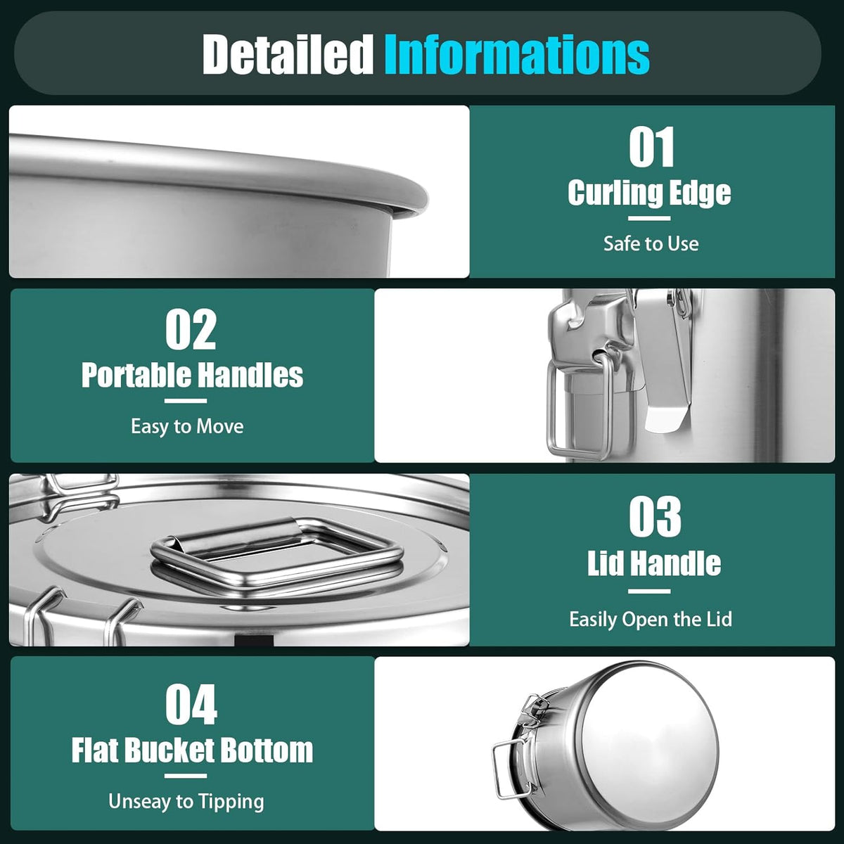 PERFERATE 304 Stainless Steel Airtight Canister 6L/12L Food Storage Bucket with Lids and Sturdy Locking Clamp Metal Cereal Rice Storage Container for Flour, Coffee Bean, Sugar, Cookie (6L)