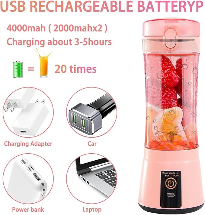13.5oz Portable Blender for Smoothies, Shakes, and Juices - USB Rechargeable Mini Blender Cup With Protection Design for Home, Office, Outdoors - Multi-purpose Pink A4221