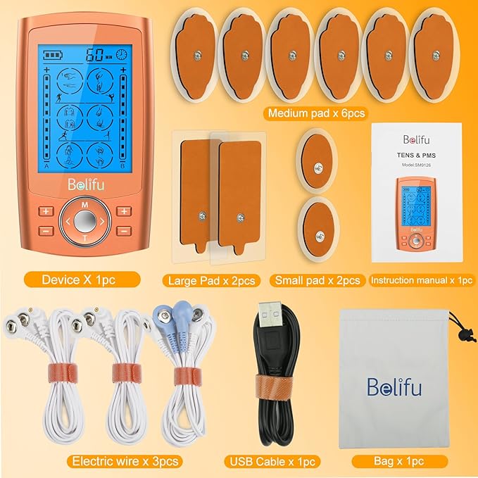 Belifu TENS Unit PMS Massager 24 Modes Muscle Stimulator, Electronic Tens Machine for Neck, Back, Arms & Chronic Pain Relief