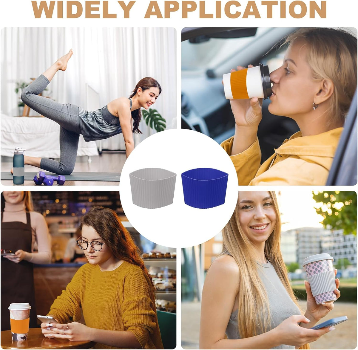 uxcell 6Pack Coffee Cup Sleeves, Reusable Silicone Heat Resistant Cup Protective Sleeve Nonslip Mug Protector Cover for Home Travel Coffee Mug Glasses Water Bottle Boots, Dark Blue/Gray
