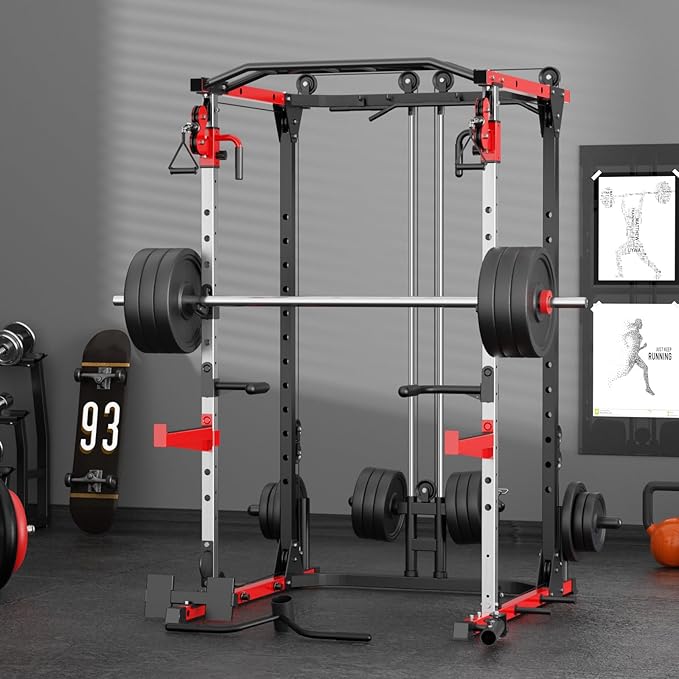 Smith Machine, Power Rack with LAT Pulldown System, Power Cage with Cable System, Squat Rack for Home Gym with Chest Press Machine, Spotter Arms, Leg Curl Attachment and More