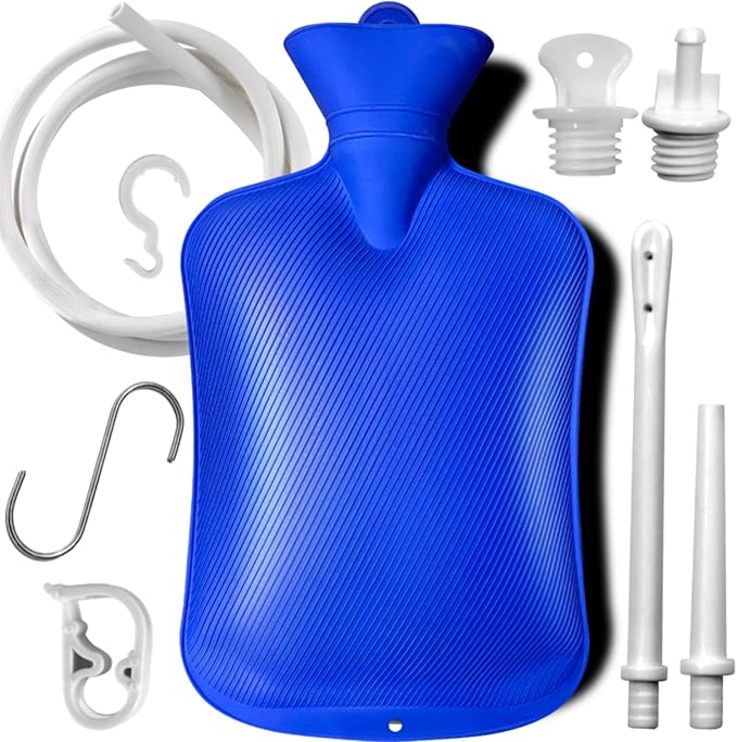 2 L Home Enema Bag Kit with 2 Enema Tips,60 inch Long Silicone Hose, Controlable Water Flow Valve, Hot-Water Bottle for Colon Cleansing Enemas(Blue)