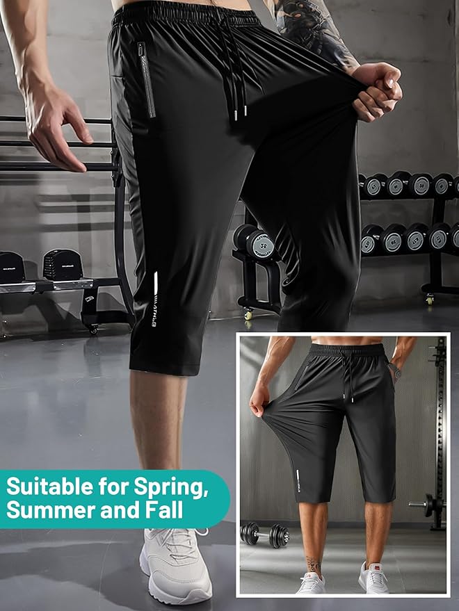 Men's Capri Pants 3/4 Joggers Gym/Workout/Hiking Below Knee Long Shorts Lightweight Quick Dry with Zipper Pockets