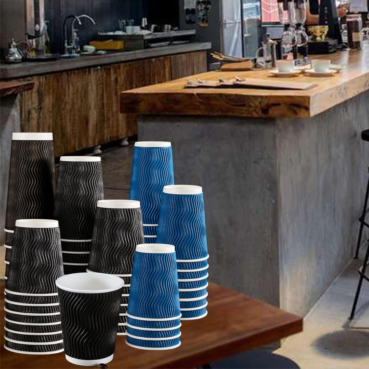 Lamosi Coffee Cups 12 oz - 120 Pack, 12 oz Disposable Paper Coffee Cups Insulated, Corrugated Kraft Ripple Wall Cup for Hot Beverage or Cold Drinks (Navy)