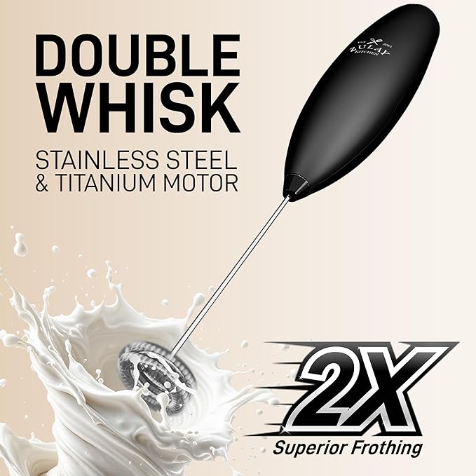 Zulay Kitchen Powerful Double Whisk Milk Frother Handheld - Foam Maker With Stand - Whisk Drink Mixer for Coffee, Mini Foamer for Latte, Matcha, Frappe, Hot Chocolate & Cappuccino (Exec Black)