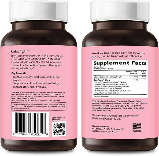 BB Company CalmAgain for Menopause Anxiousness, Mood Balance for Women | Stay Calm, Lower Cortisol, Fewer Mood Swings | Siberian Rhubarb, Sage, Saffron | Menopause Relief | 30 Ct