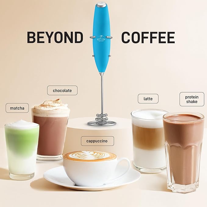 Zulay Kitchen Tornado Whisk Milk Frother with 4 AA Duracell Batteries - Triple Whisk for More Power - Handheld Coffee Frother with Stand - Drink Mixer for Lattes, Matcha & Protein Shakes
