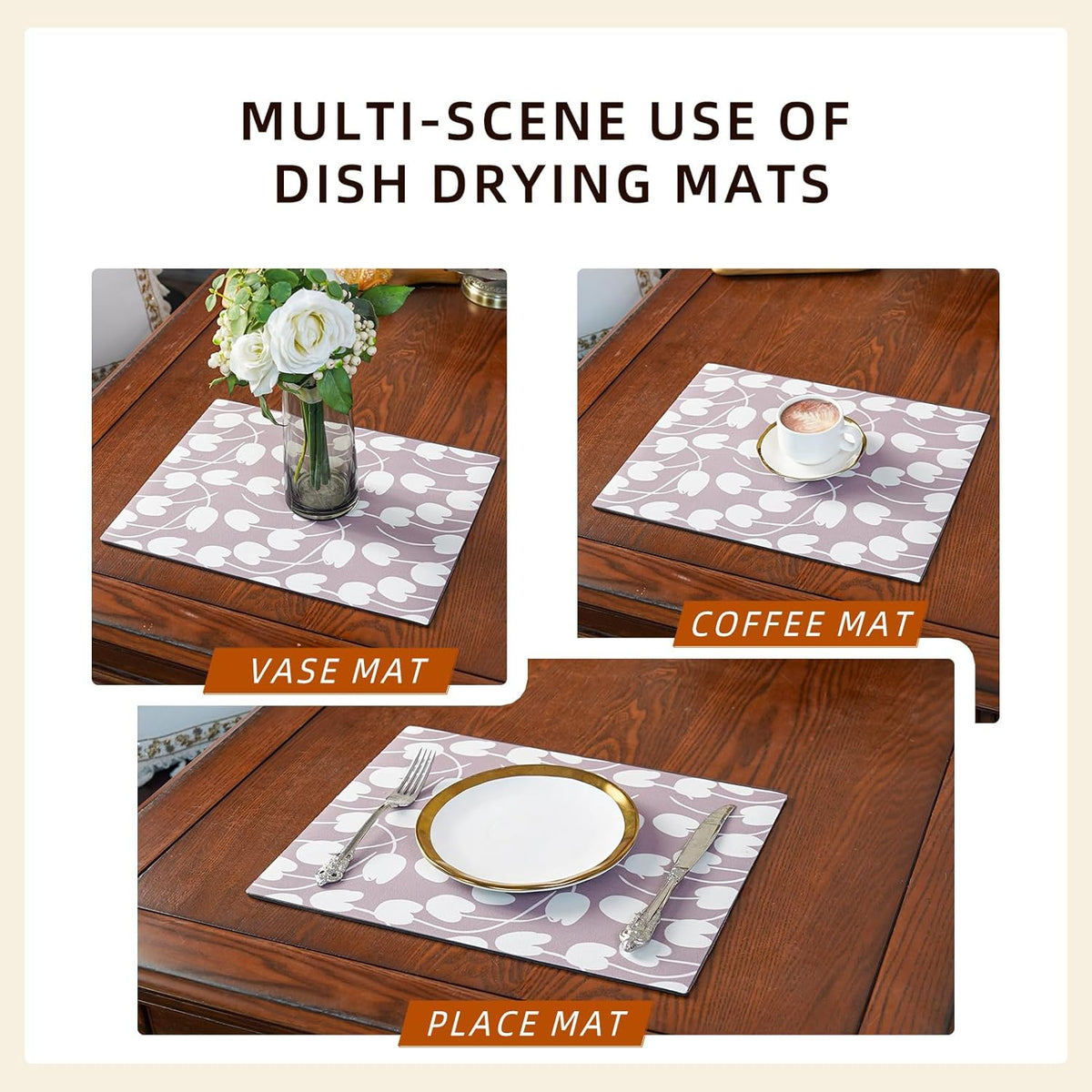 Dish Drying Mat, Absorbent Coffee Mat Rubber Backed, Soft Silicone Dish Drying Mat for Kitchen Counter or Sink for Kitchen Bathroom Coffee Bar (Tulip, 12 x 16 Inches)