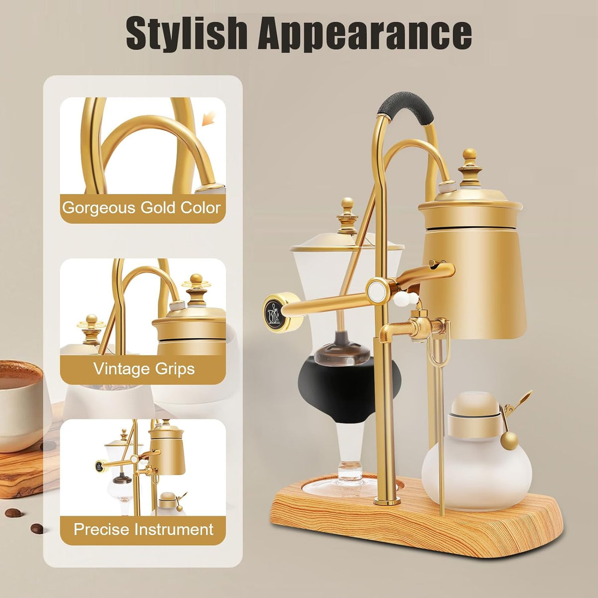 Balance Siphon Coffee Maker, Coffee Brewer Vintage with Alcohol Burner Bottle and Measuring Cup Spoon, 400ml Gravity Coffee Maker for Personal Kitchens Coffee Shops (Gold)