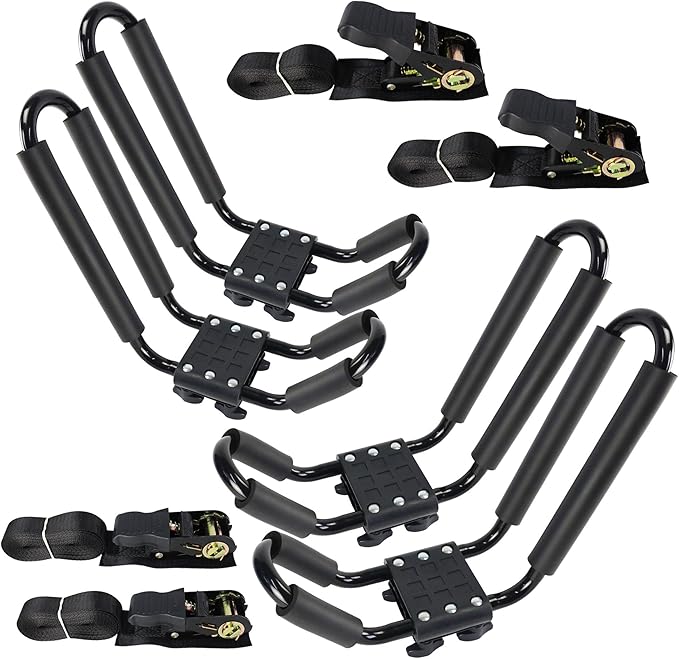 2 Pairs Kayak Rack J-Bar Car Roof Rack for Canoe Carrier SUP Paddle Surfboard Mount on Car SUV and Truck Crossbar, Includes 4 Pcs Roof Rack Tie Down Straps.